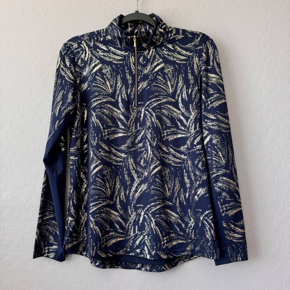 SanSoleil Small SunShirt Navy Gold Long Sleeve UPF 50 Quarter Zip Metallic Print